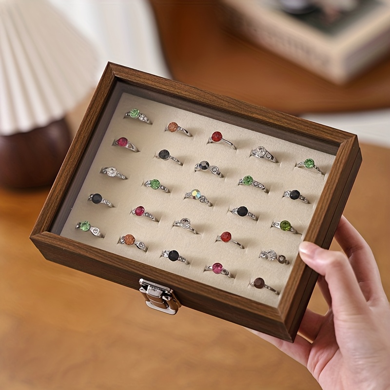 Vintage Wooden Jewelry Organizer Box with Glass Lid
